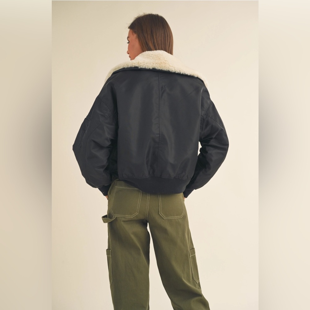 Fur Collared Bomber Jacket-Black - image 5